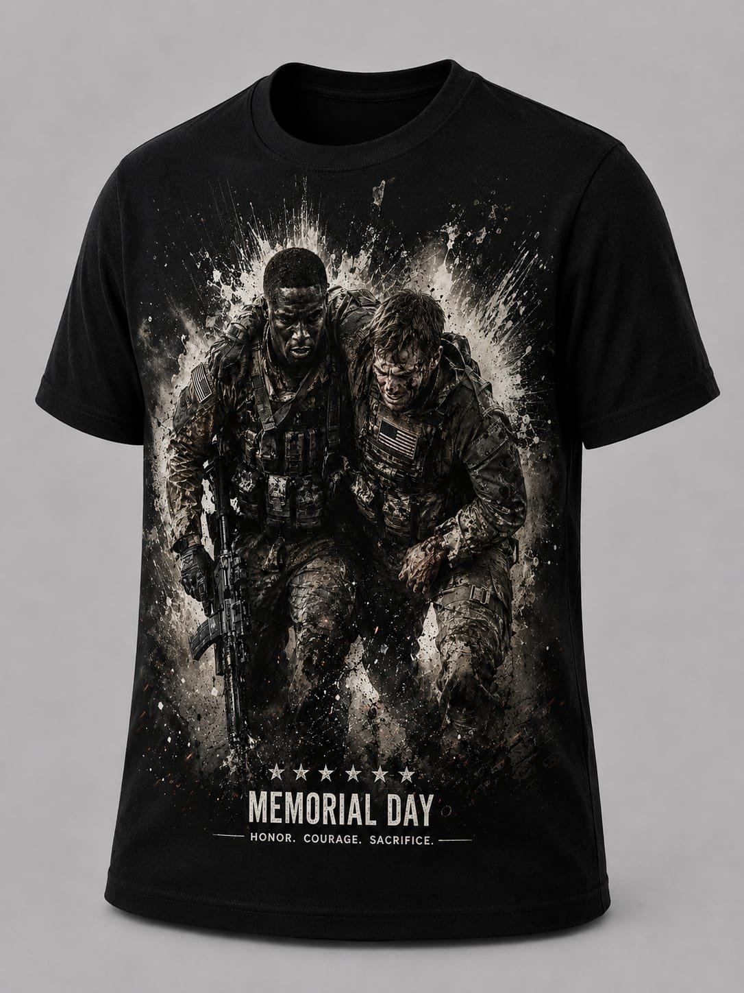 "Honor. Courage. Sacrifice." Memorial Day Soldier Tribute DTF Print T-Shirt – Military Graphic Crew Neck Tee