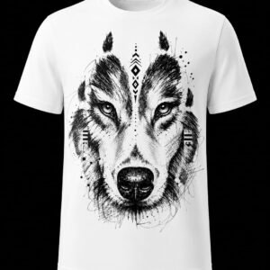 Minimalist Wolf Face DTF Print T-Shirt – Monochrome Wildlife Graphic Tee