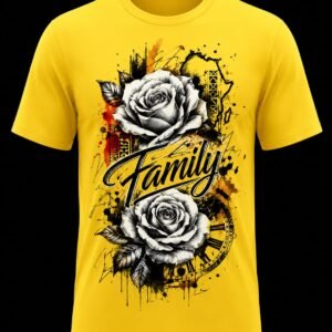 "Family" Tattoo Rose DTF Print T-Shirt – Chicano Art Graphic Crew Neck Tee in Yellow