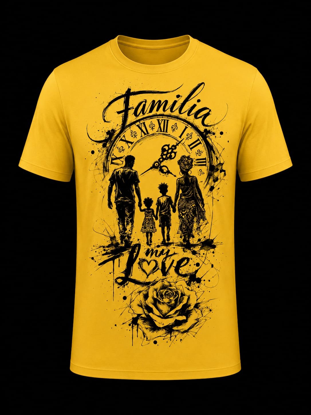 "Familia My Love" Vintage Clock & Rose DTF Print T-Shirt – Chicano Graphic Crew Neck Tee