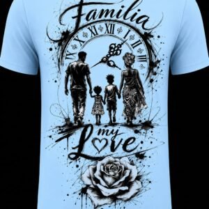 "Familia My Love" Family Clock & Rose DTF Print T-Shirt – Light Blue Graphic Crew Neck Tee