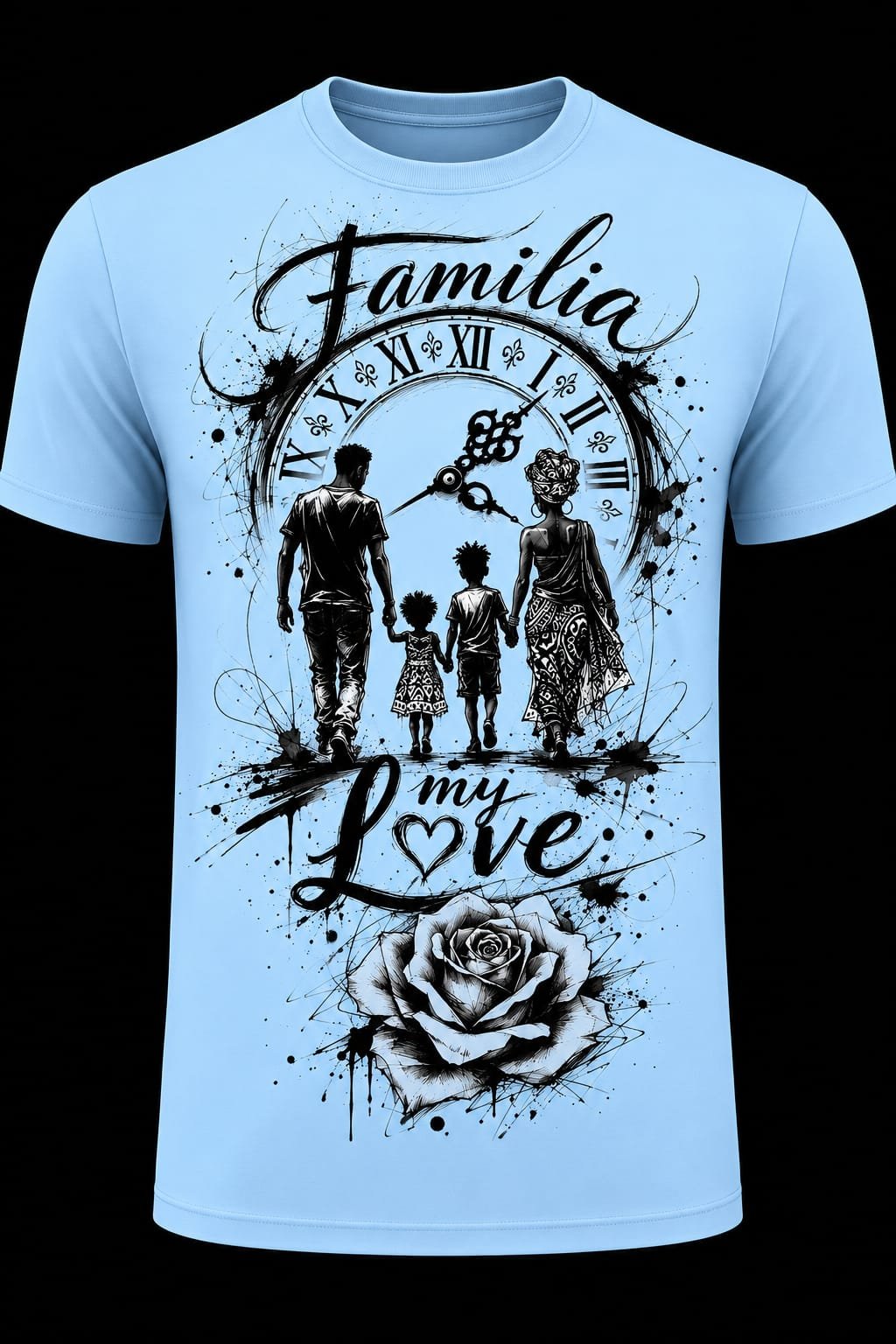 "Familia My Love" Family Clock & Rose DTF Print T-Shirt – Light Blue Graphic Crew Neck Tee