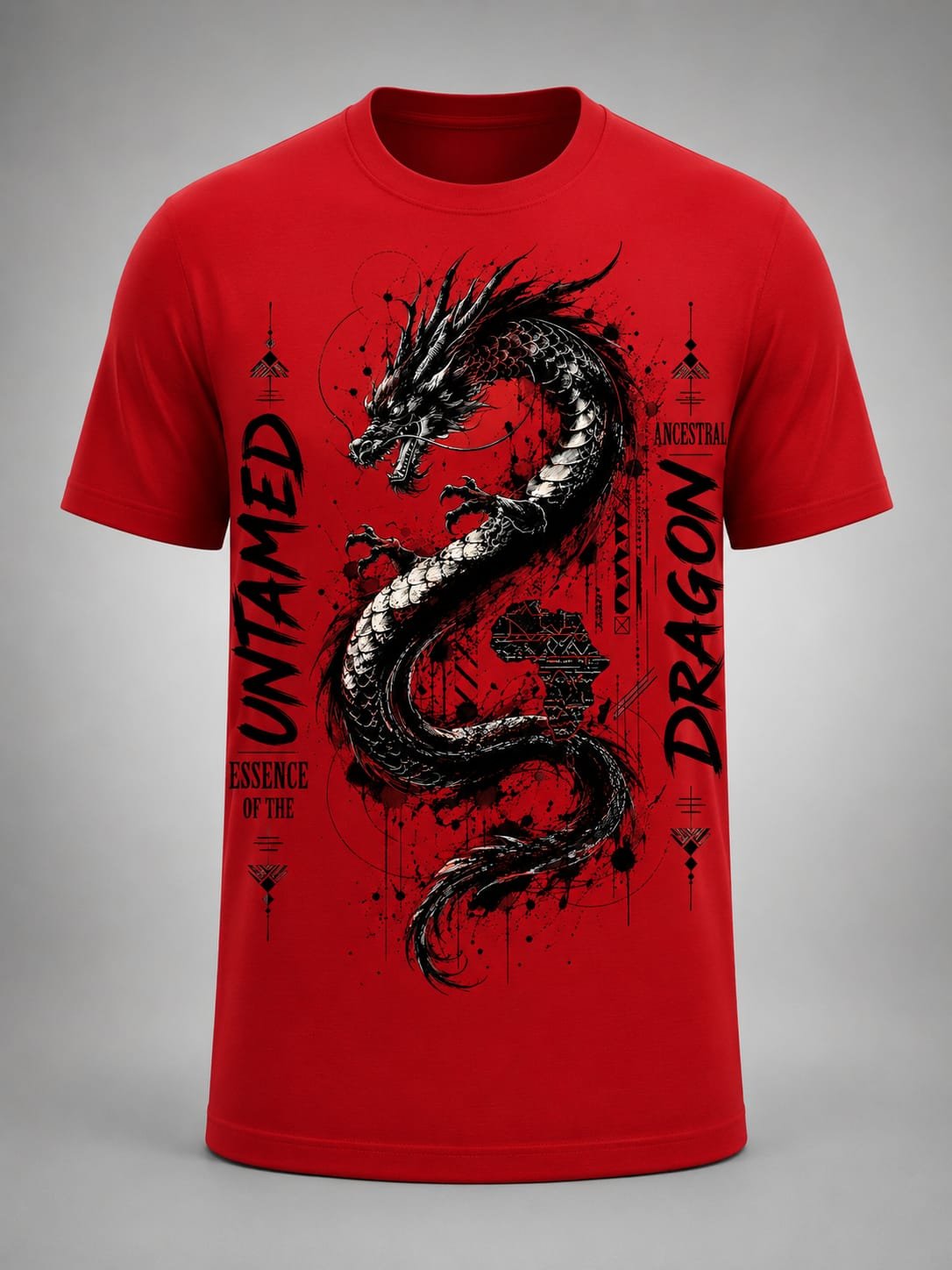 "Untamed Essence" Ancestral Dragon DTF Print T-Shirt – Red Celestial Graphic Crew Neck Tee
