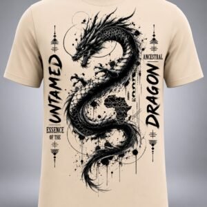 "Untamed Essence" Ancestral Dragon DTF Print T-Shirt – Beige Celestial Graphic Crew Neck Tee