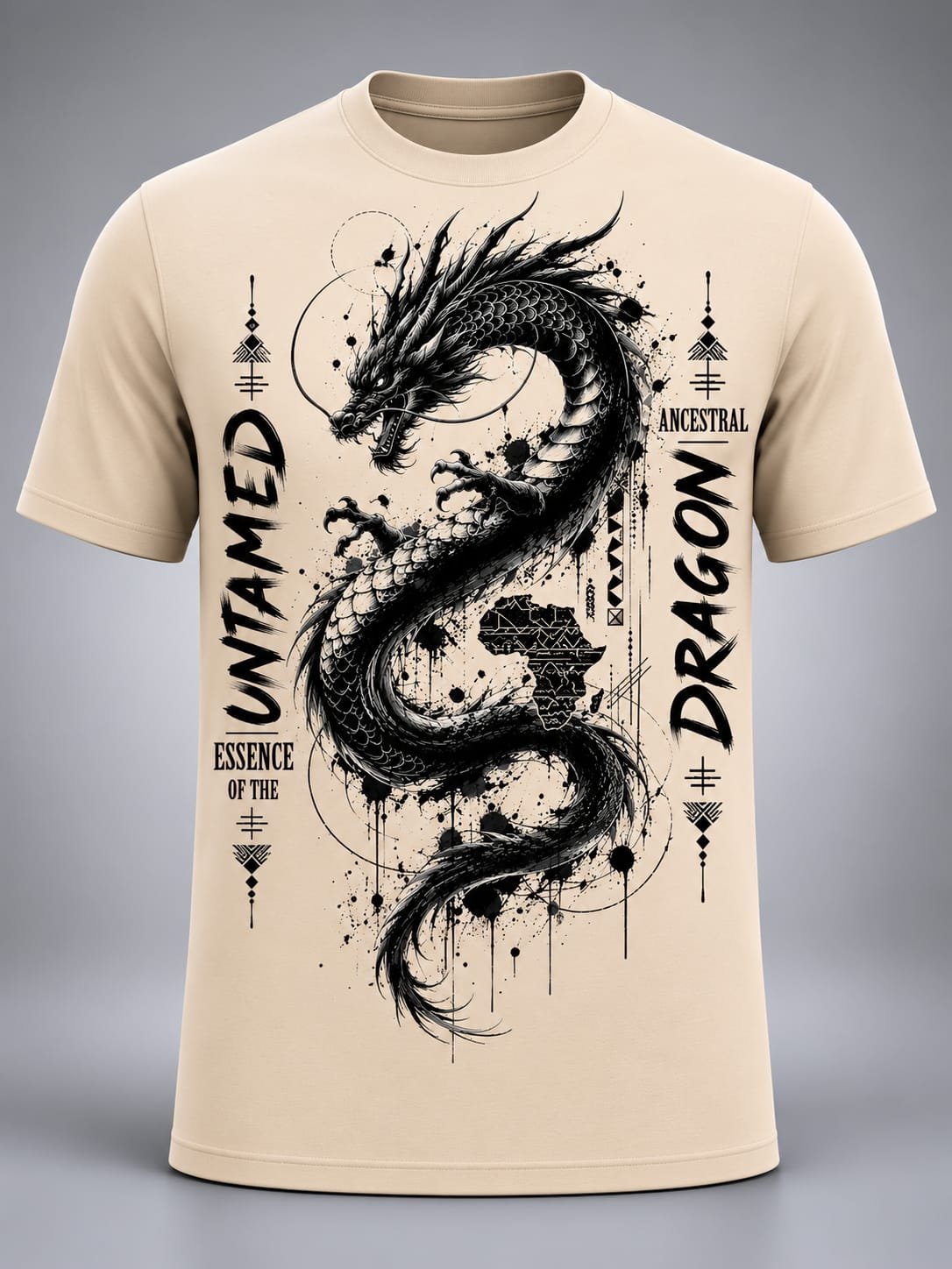 "Untamed Essence" Ancestral Dragon DTF Print T-Shirt – Beige Celestial Graphic Crew Neck Tee