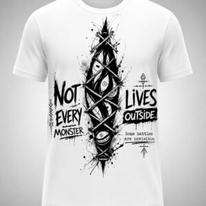 "Invisible Battles" Dark Monster DTF Print T-Shirt – Mental Health Graphic Crew Neck Tee