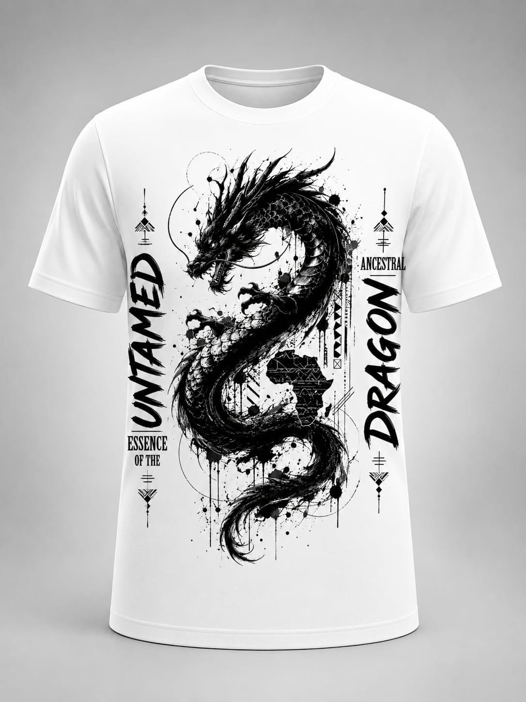 "Untamed Essence" Ancestral Dragon DTF Print T-Shirt – White Celestial Graphic Crew Neck Tee