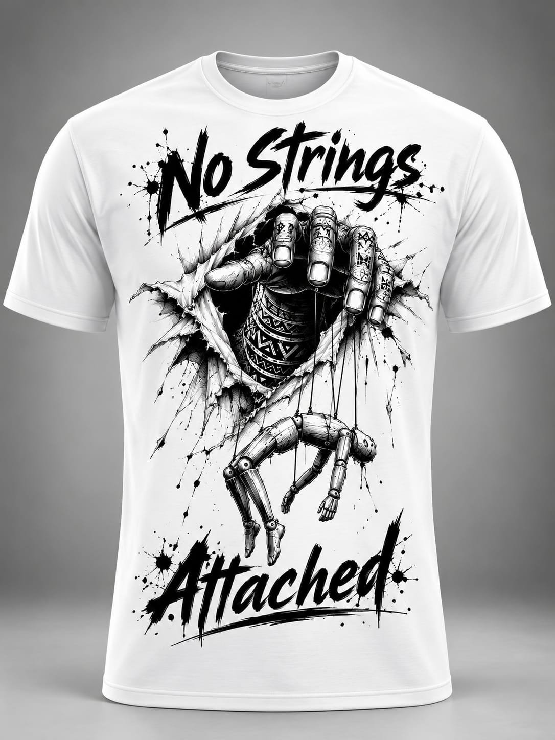 "No Strings Attached" Puppet Master DTF Print T-Shirt – Surreal Graphic Crew Neck Tee