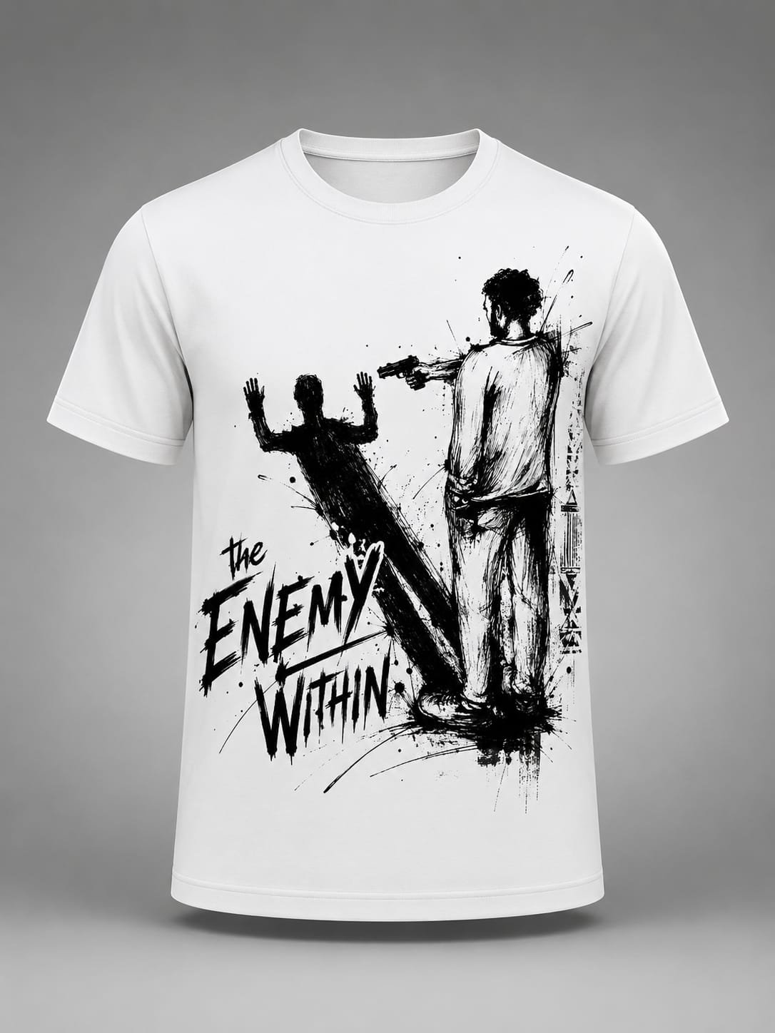"The Enemy Within" Inner Struggle DTF Print T-Shirt – Surreal Graphic Crew Neck Tee