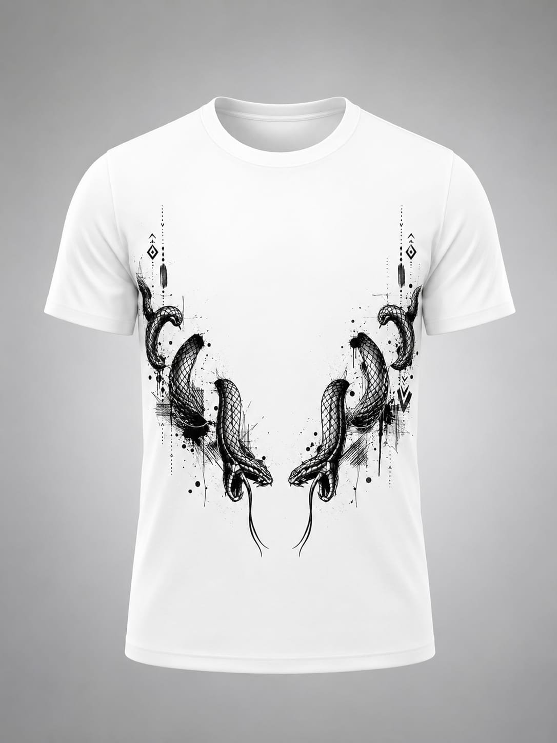 "Twin Serpents" Symmetrical Snake DTF Print T-Shirt – Geometric Graphic Crew Neck Tee