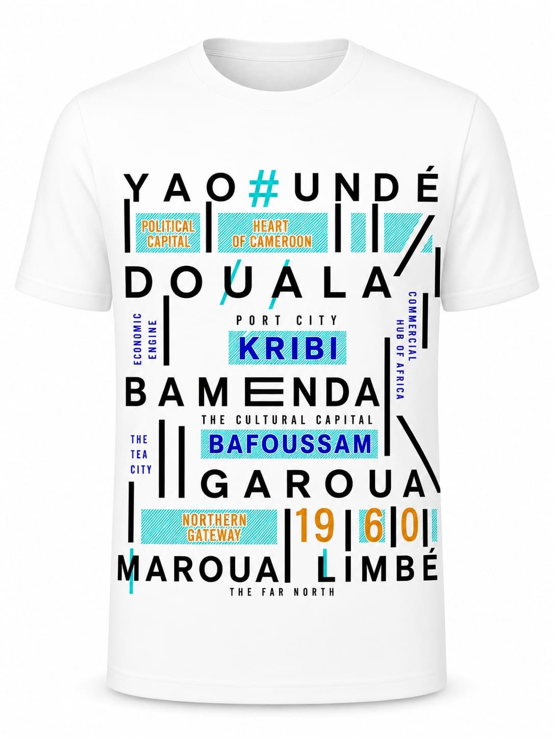 "Cameroon Hubs" Cities Typography DTF Print T-Shirt – Cultural Graphic Crew Neck Tee