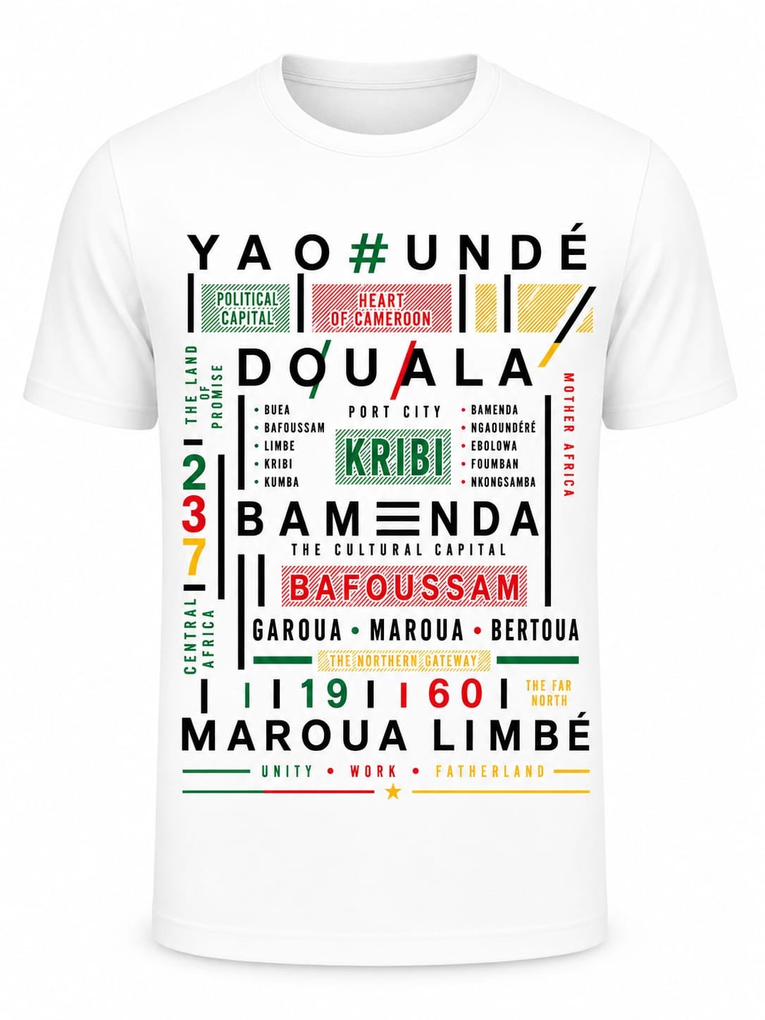 "Cameroon Hubs" Cities Typography DTF Print T-Shirt – Cultural Graphic Crew Neck Tee
