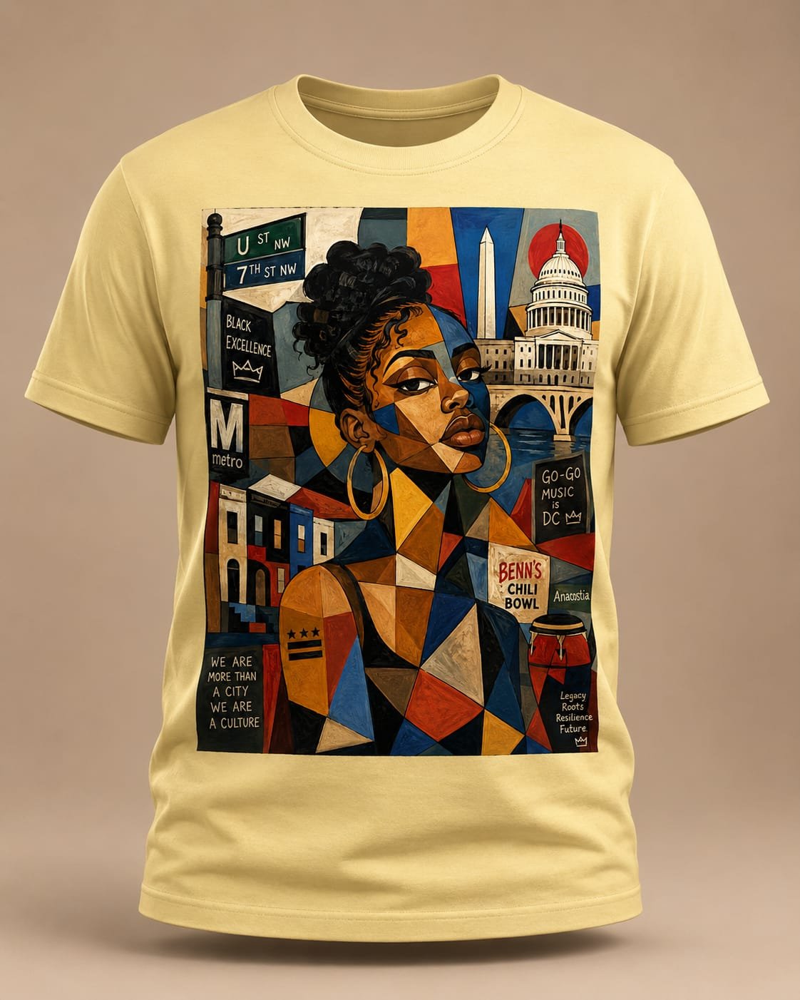 "DC Culture & Heritage" Geometric Mosaic DTF Print T-Shirt – Black Excellence Graphic Crew Neck Tee