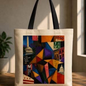 "DC Culture & Heritage" Geometric Mosaic DTF Print Canvas Tote Bag – Urban Streetwear Shopping Bag