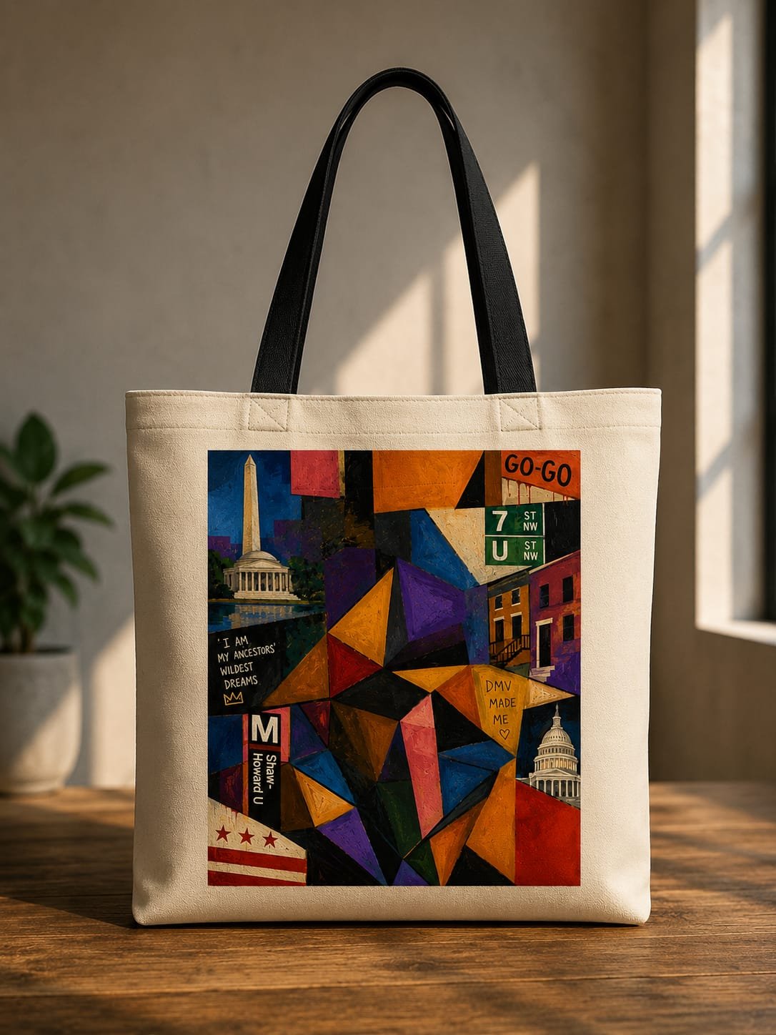 "DC Culture & Heritage" Geometric Mosaic DTF Print Canvas Tote Bag – Urban Streetwear Shopping Bag