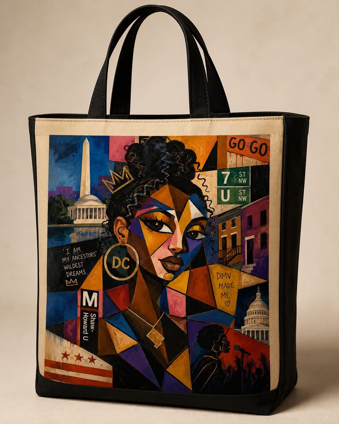 "DC Culture & Heritage" Geometric Mosaic DTF Print Canvas Tote Bag – Urban Streetwear Shopping Bag