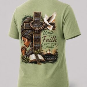 "Walk By Faith Not By Sight" 2 Corinthians 5:7 DTF Print T-Shirt – Christian Praying Woman & Cross Graphic Crew Neck Tee