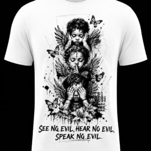 "See No Evil, Hear No Evil, Speak No Evil" DTF Print T-Shirt – Dark Angel Cherub Graphic Crew Neck Tee