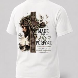 "Made For His Purpose" Philippians 4:13 DTF Print T-Shirt – Christian Jesus & Cross Graphic Crew Neck Tee
