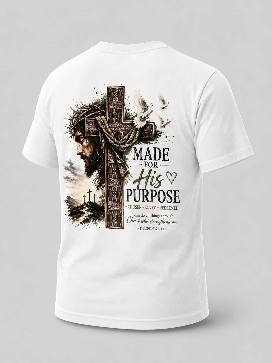 "Made For His Purpose" Philippians 4:13 DTF Print T-Shirt – Christian Jesus & Cross Graphic Crew Neck Tee